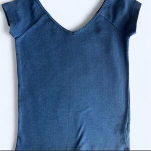 American Eagle Blue Ribbed V-Neck Fitted Tee